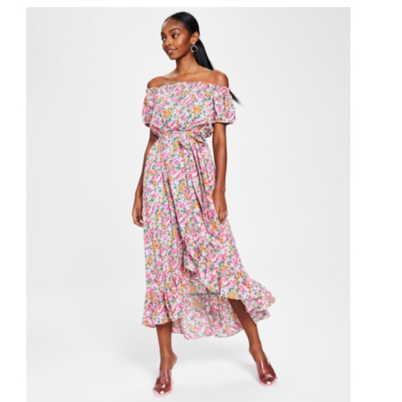 BAR III Floral-print Off-the-shoulder Dress Lemonade Floral HiLo Dress SZ Small - Picture 1 of 13
